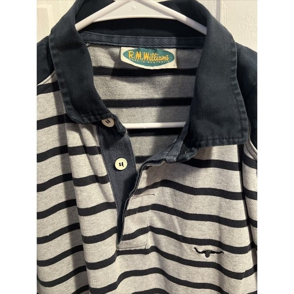 RM WILLIAMS Mens L Rugby Polo Striped Blue/Gray Collared Long Sleeve Jersey AUS - Picture 4 of 16